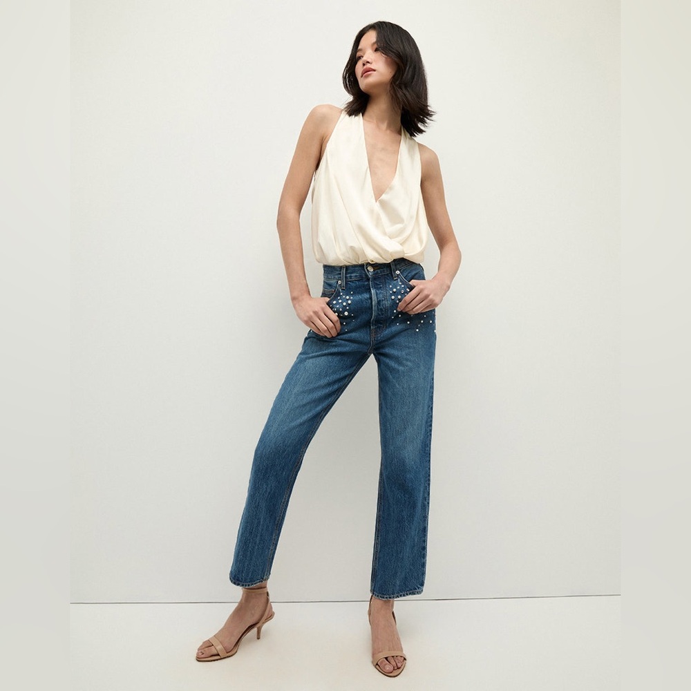 Veronica Beard Blue Straight Leg Jeans with Vintage Charm